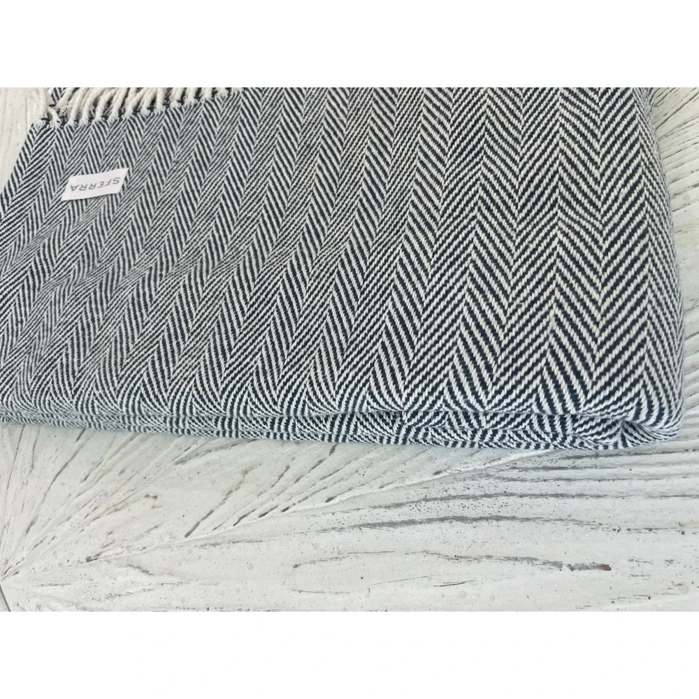 New SFERRA Blue Herringbone 51x71 Throw Blanket 100% Cotton Twisted Fringe NIB